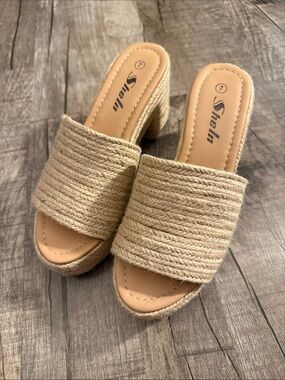 SheIn Tan Braided Jute Slide Wedge Sandals size 7